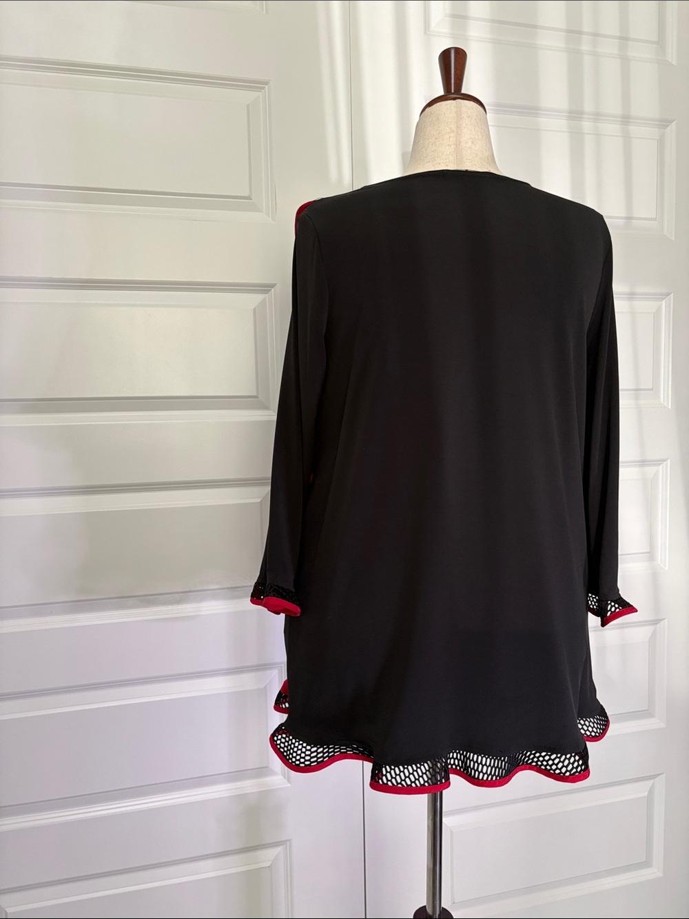 Black Blouse with Red Mesh-Trimmed Hem and Sleeves - Picture 3 of 6